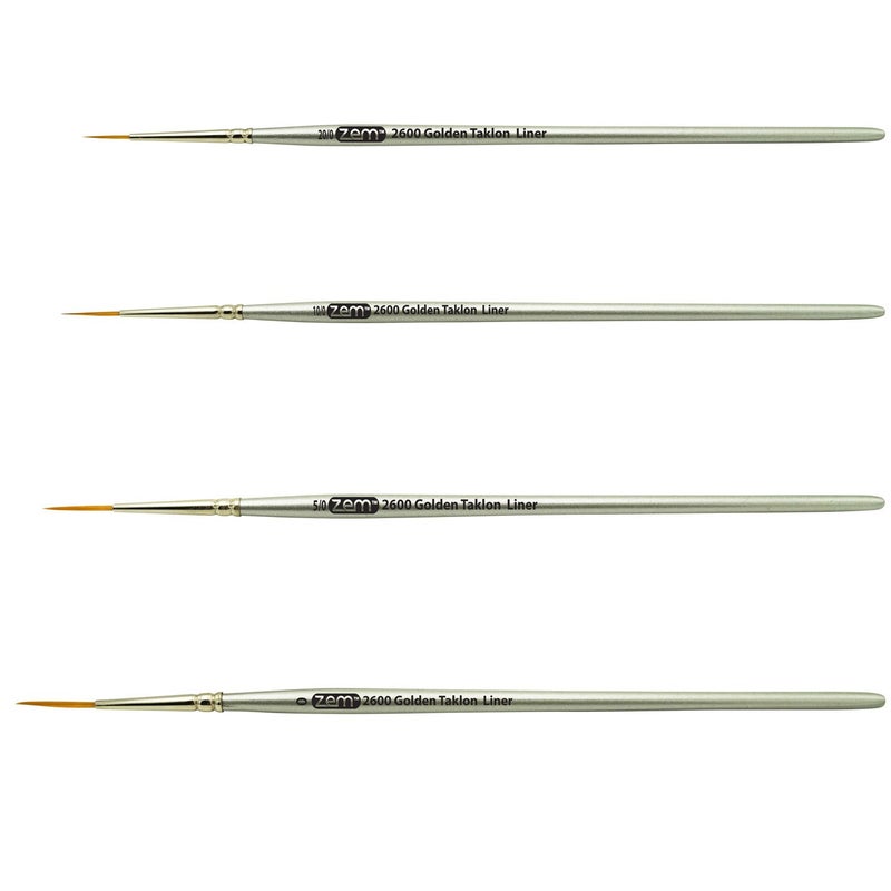 ZEM Brush Golden Taklon Multi Media Long Liner Artist Brush Set 20/0, 10/0, 5/0, 0 - Image 2